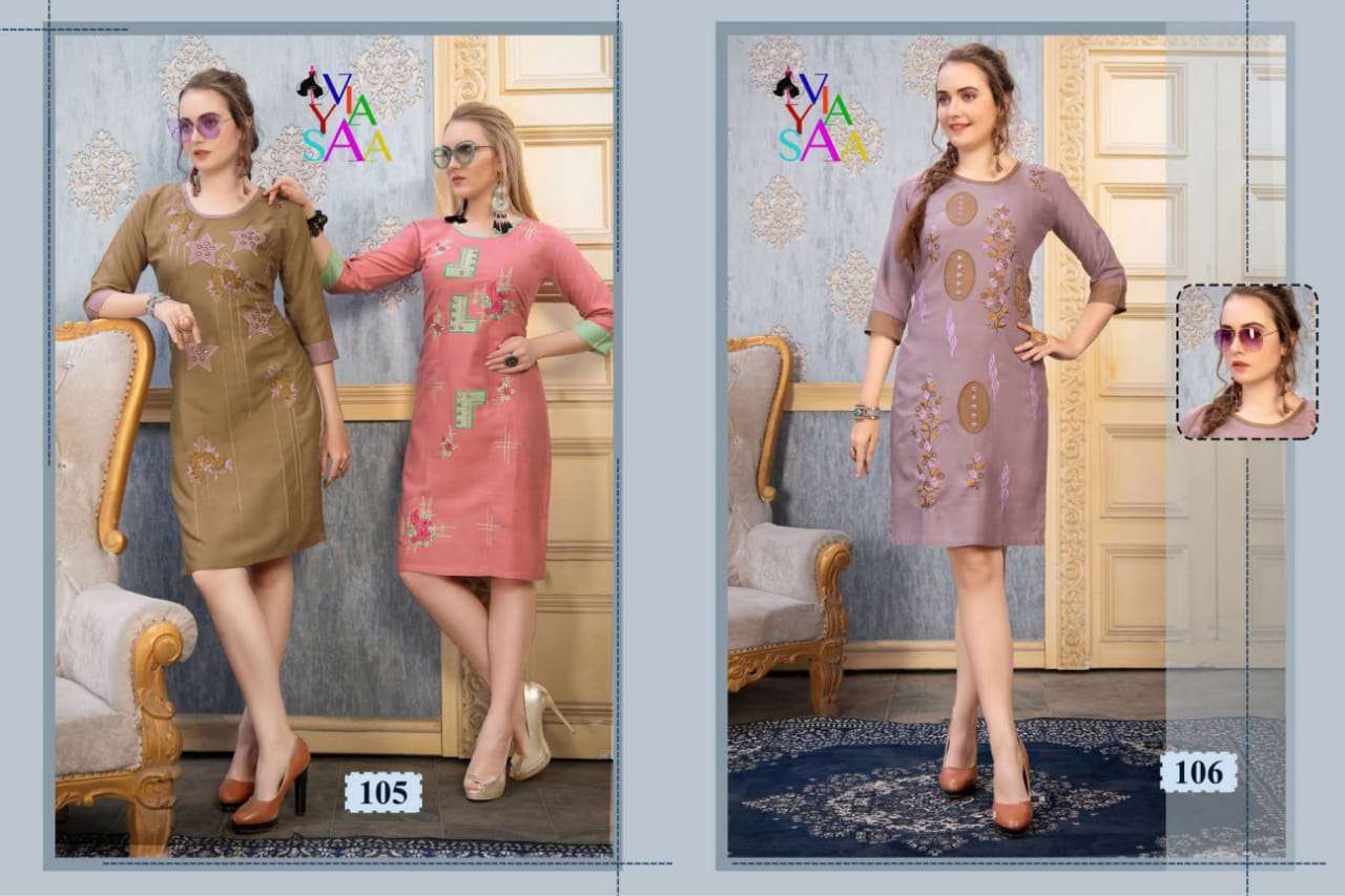 MUSKAN BY VIYASSA 101 TO 110 SERIES BEAUTIFUL STYLISH FANCY COLORFUL CASUAL WEAR & ETHNIC WEAR & READY TO WEAR RAYON EMBROIDERED KURTIS AT WHOLESALE PRICE