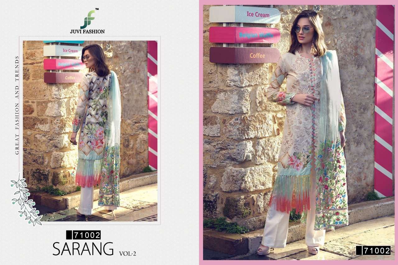 SARANG VOL-2 BY JUVI FASHION 71001 TO 71005 SERIES DESIGNER PAKISTANI SUITS BEAUTIFUL FANCY STYLISH COLORFUL PARTY WEAR & OCCASIONAL WEAR PURE COTTON LAWN PRINTED DRESSES AT WHOLESALE PRICE