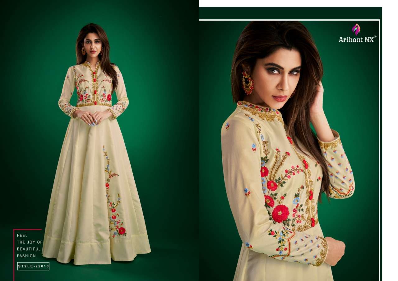 Amorina Vol-2 By Arihant Designer 22006 To 22010 Series Designer Bridal Wear Collection Beautiful Stylish Fancy Colorful Party Wear & Occasional Wear Tapeta Satin Soft With Maslin Gowns At Wholesale Price