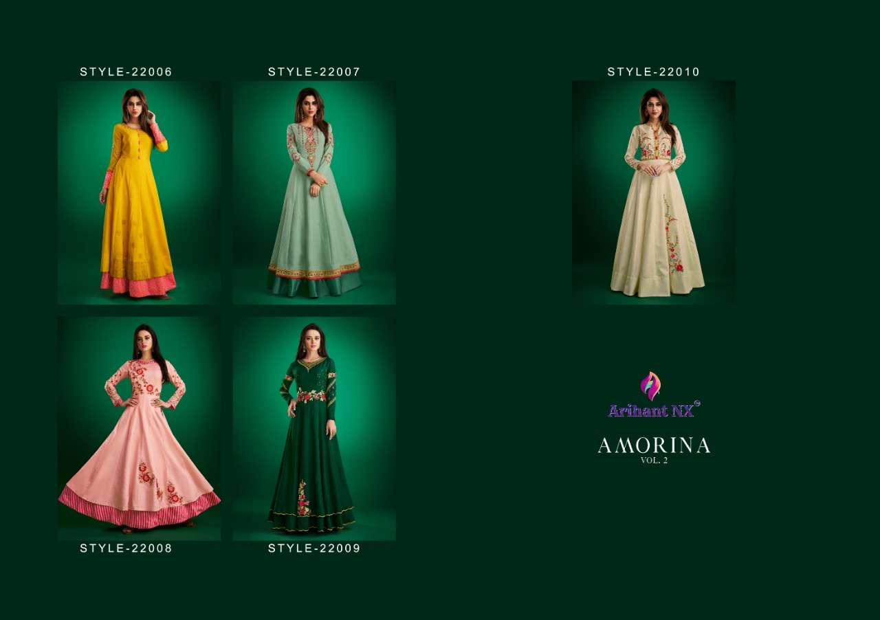 Amorina Vol-2 By Arihant Designer 22006 To 22010 Series Designer Bridal Wear Collection Beautiful Stylish Fancy Colorful Party Wear & Occasional Wear Tapeta Satin Soft With Maslin Gowns At Wholesale Price
