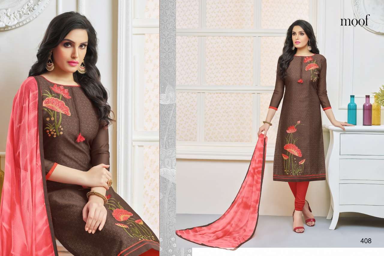 SHAISTA VOL-5 BY MOOF FASHION 405 TO 412 SERIES BEAUTIFUL SUITS COLORFUL STYLISH FANCY CASUAL WEAR & ETHNIC WEAR MODAL WITH COTTON INNER DRESSES AT WHOLESALE PRICE