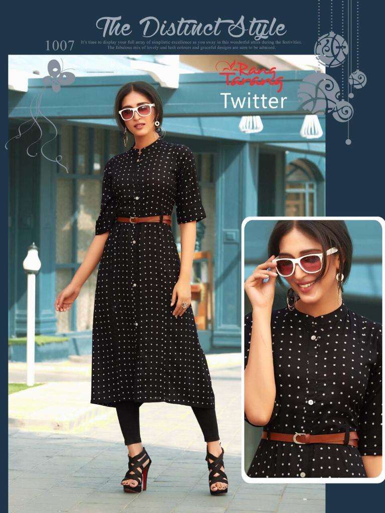TWITTER BY RANG TRANG 1001 TO 1007 SERIES BEAUTIFUL COLORFUL STYLISH FANCY CASUAL WEAR & ETHNIC WEAR & READY TO WEAR RAYON PRINTED KURTIS AT WHOLESALE PRICE