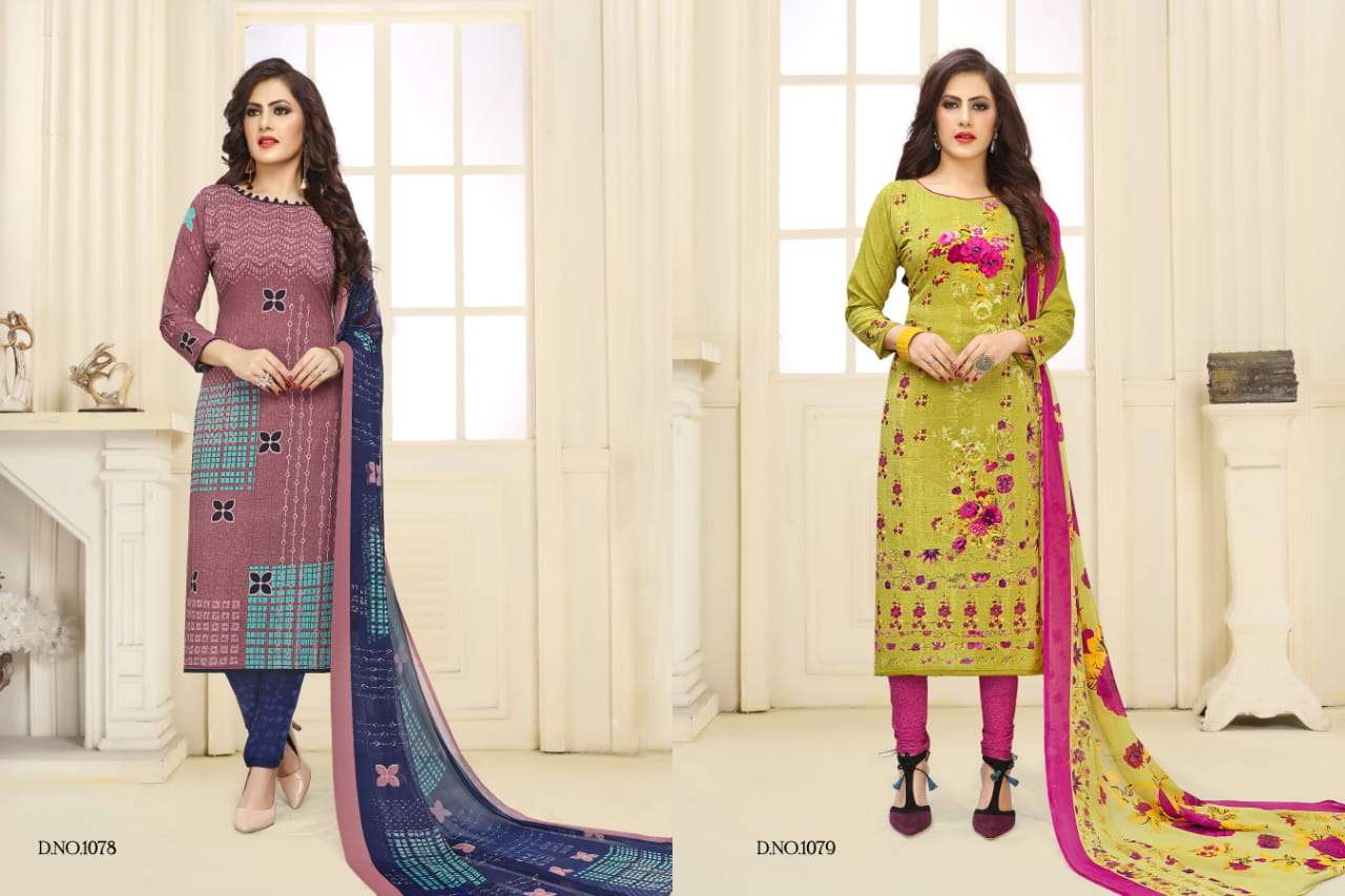 SIMAYA VOL-5 BY VISHNU PRINTS 1076 TO 1087 SERIES BEAUTIFUL SUITS STYLISH FANCY COLORFUL PARTY WEAR & ETHNIC WEAR LEYON PRINTED DRESSES AT WHOLESALE PRICE