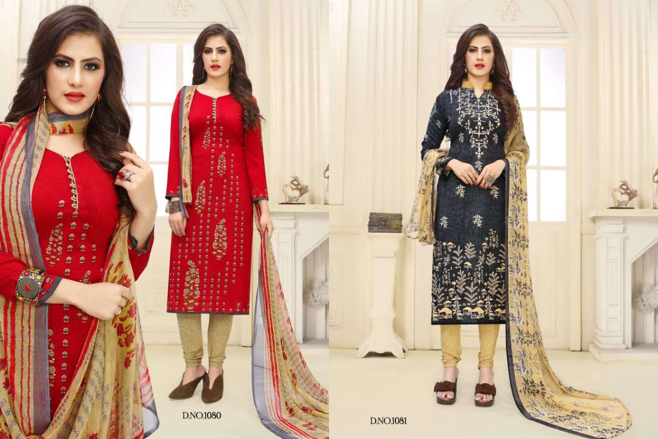 SIMAYA VOL-5 BY VISHNU PRINTS 1076 TO 1087 SERIES BEAUTIFUL SUITS STYLISH FANCY COLORFUL PARTY WEAR & ETHNIC WEAR LEYON PRINTED DRESSES AT WHOLESALE PRICE