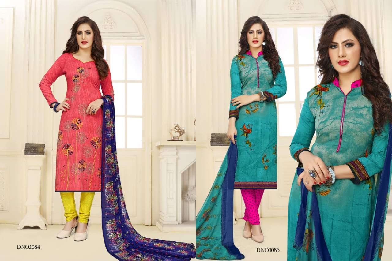 SIMAYA VOL-5 BY VISHNU PRINTS 1076 TO 1087 SERIES BEAUTIFUL SUITS STYLISH FANCY COLORFUL PARTY WEAR & ETHNIC WEAR LEYON PRINTED DRESSES AT WHOLESALE PRICE