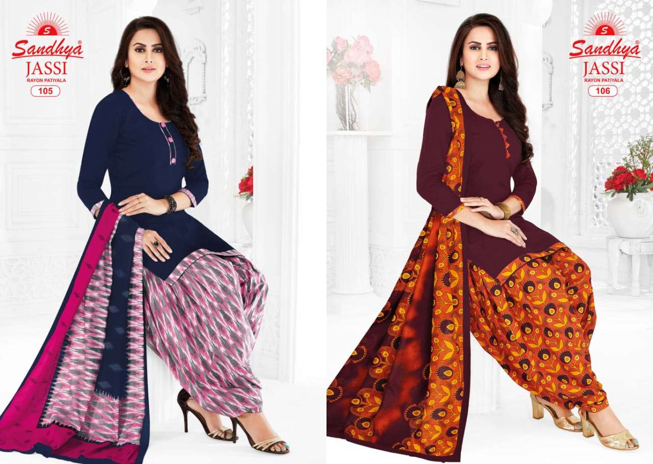 JASSI BY SANDHYA 101 TO 115 SERIES BEAUTIFUL SUITS STYLISH FANCY COLORFUL PARTY WEAR & ETHNIC WEAR RAYON PRINTED DRESSES AT WHOLESALE PRICE