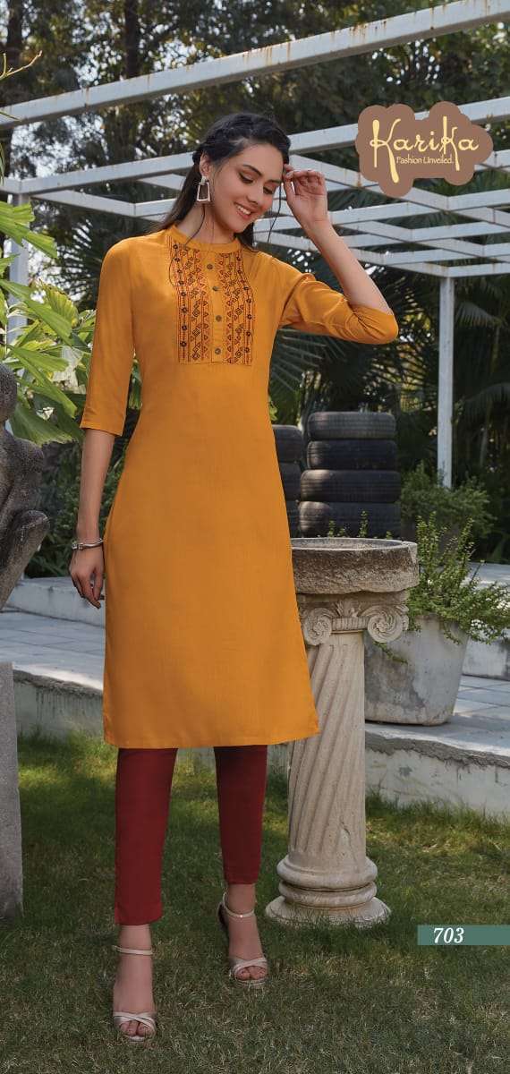 PEARL BY KARIKA 701 TO 706 SERIES DESIGNER BEAUTIFUL STYLISH FANCY COLORFUL PARTY WEAR & OCCASIONAL WEAR RAYON EMBROIDERED KURTIS AT WHOLESALE PRICE