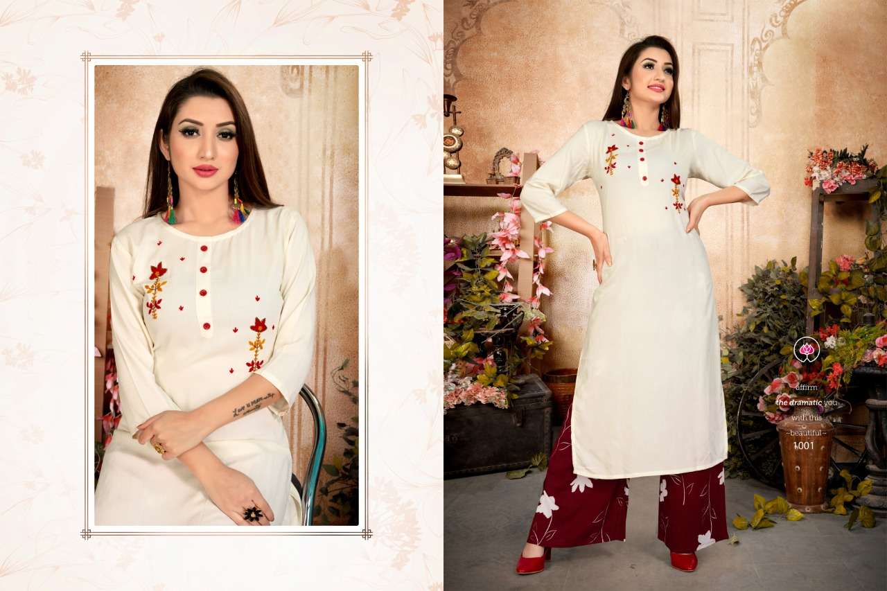 GLORINA BY VRUNDA TEX 1001 TO 1003 SERIES BEAUTIFUL COLORFUL STYLISH FANCY CASUAL WEAR & ETHNIC WEAR & READY TO WEAR HEAVY RAYON WORK KURTIS WITH BOTTOM AT WHOLESALE PRICE