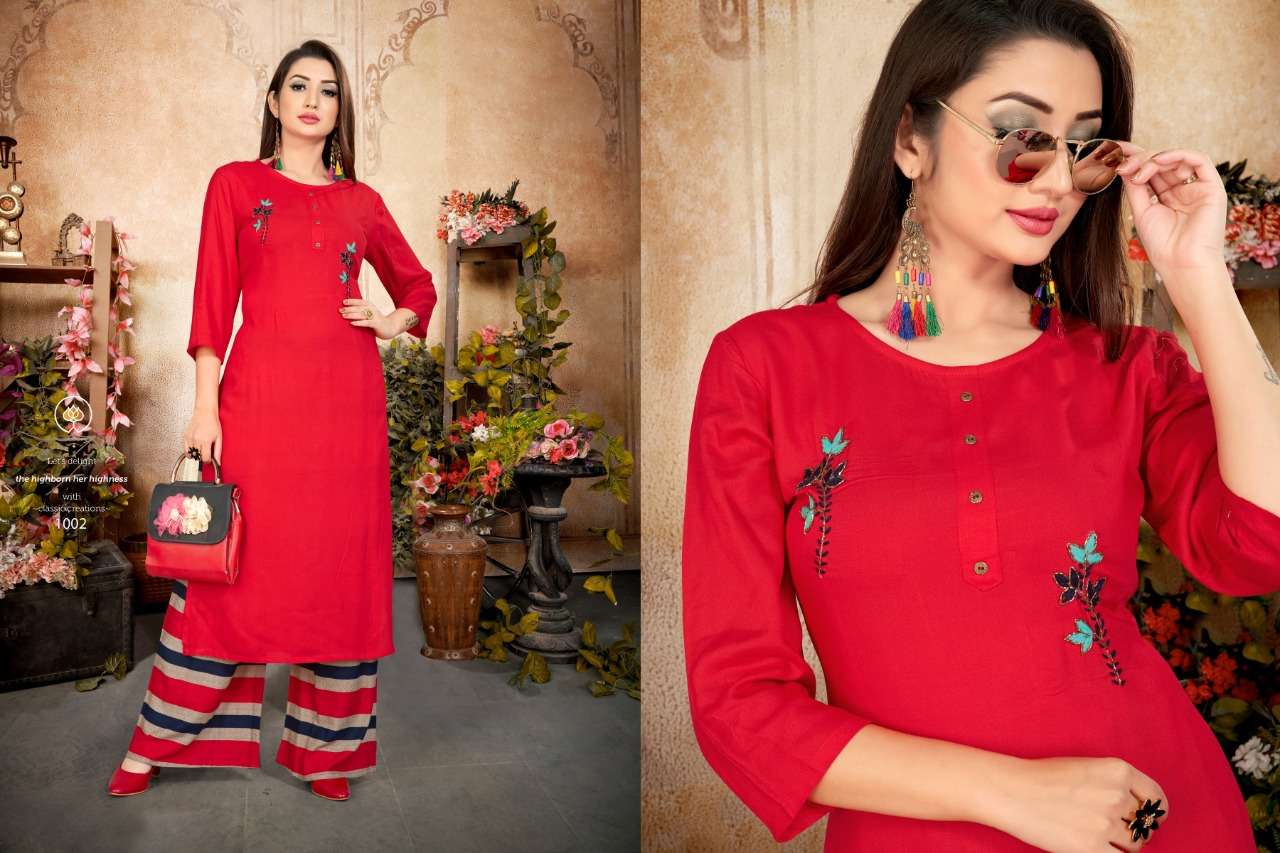 GLORINA BY VRUNDA TEX 1001 TO 1003 SERIES BEAUTIFUL COLORFUL STYLISH FANCY CASUAL WEAR & ETHNIC WEAR & READY TO WEAR HEAVY RAYON WORK KURTIS WITH BOTTOM AT WHOLESALE PRICE