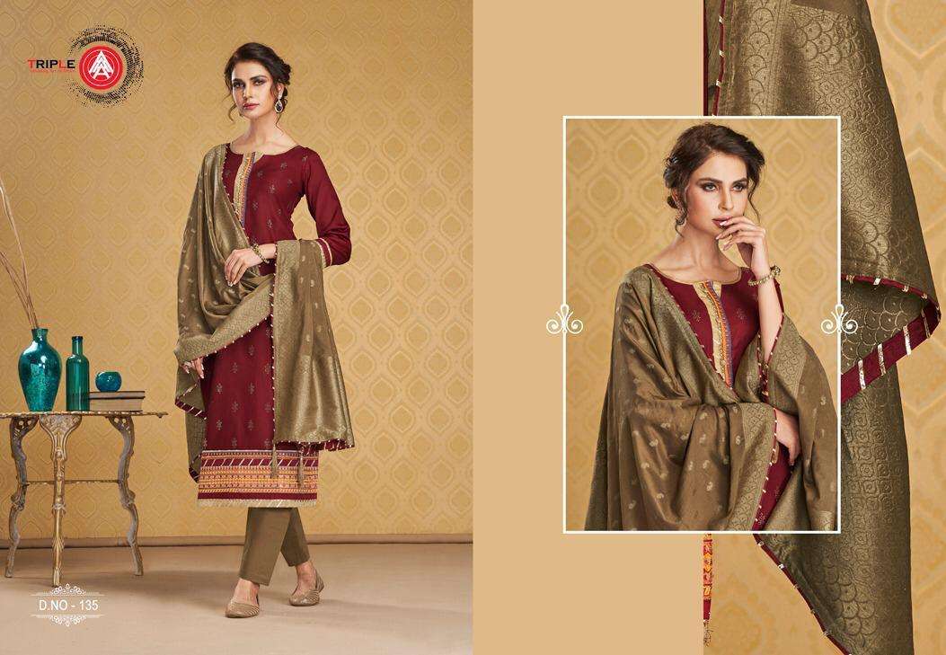KASTURI BY TRIPLE 131 TO 136 SERIES BEAUTIFUL SUITS STYLISH FANCY COLORFUL PARTY WEAR & ETHNIC WEAR JAM SILK WITH WORK DRESSES AT WHOLESALE PRICE