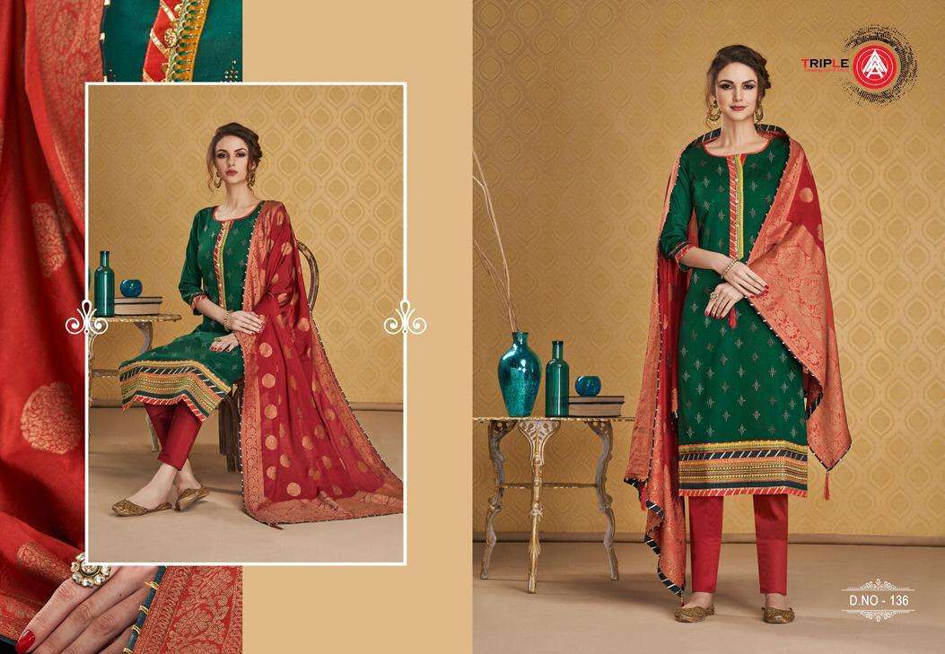 KASTURI BY TRIPLE 131 TO 136 SERIES BEAUTIFUL SUITS STYLISH FANCY COLORFUL PARTY WEAR & ETHNIC WEAR JAM SILK WITH WORK DRESSES AT WHOLESALE PRICE