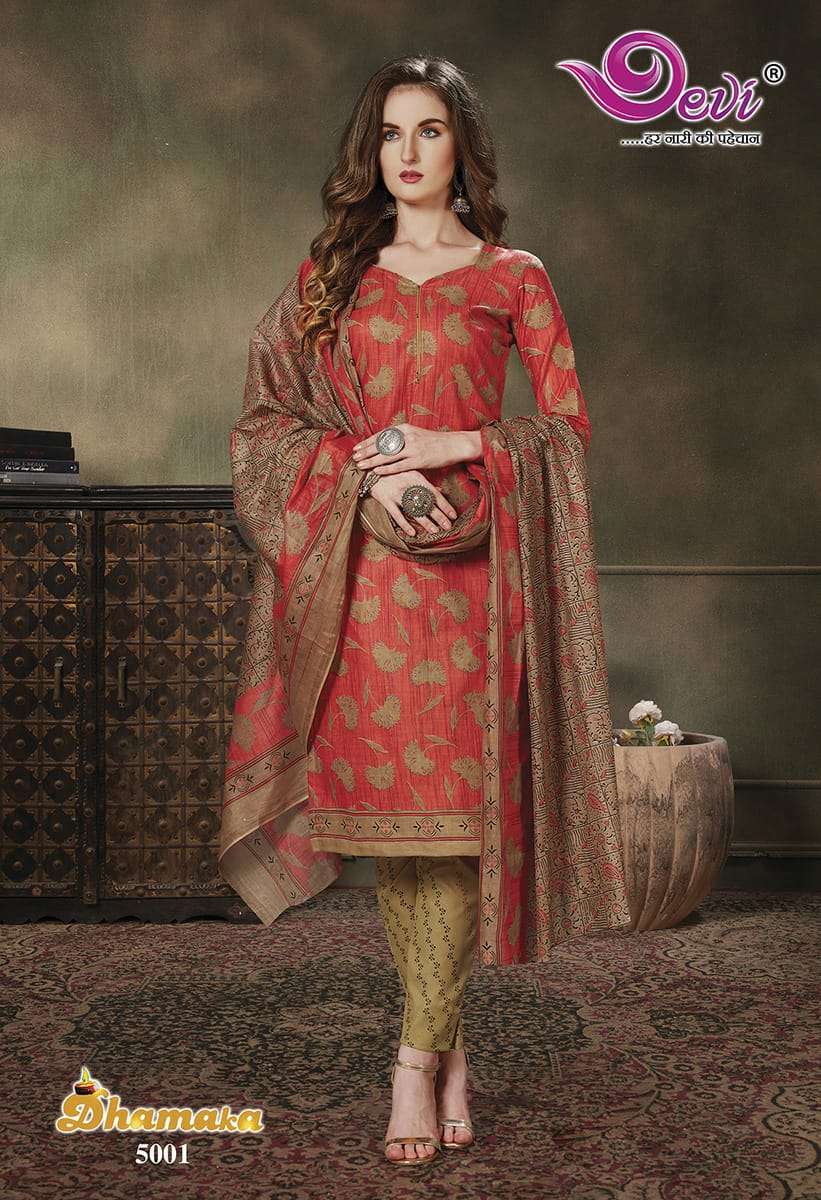 DHAMAKA VOL-5 BY DEVI 5001 TO 5012 SERIES BEAUTIFUL SUITS STYLISH FANCY COLORFUL PARTY WEAR & ETHNIC WEAR PURE COTTON PRINTED DRESSES AT WHOLESALE PRICE