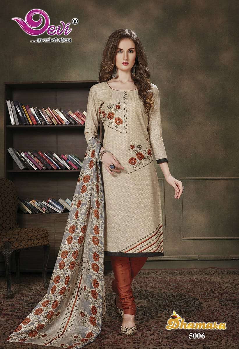 DHAMAKA VOL-5 BY DEVI 5001 TO 5012 SERIES BEAUTIFUL SUITS STYLISH FANCY COLORFUL PARTY WEAR & ETHNIC WEAR PURE COTTON PRINTED DRESSES AT WHOLESALE PRICE