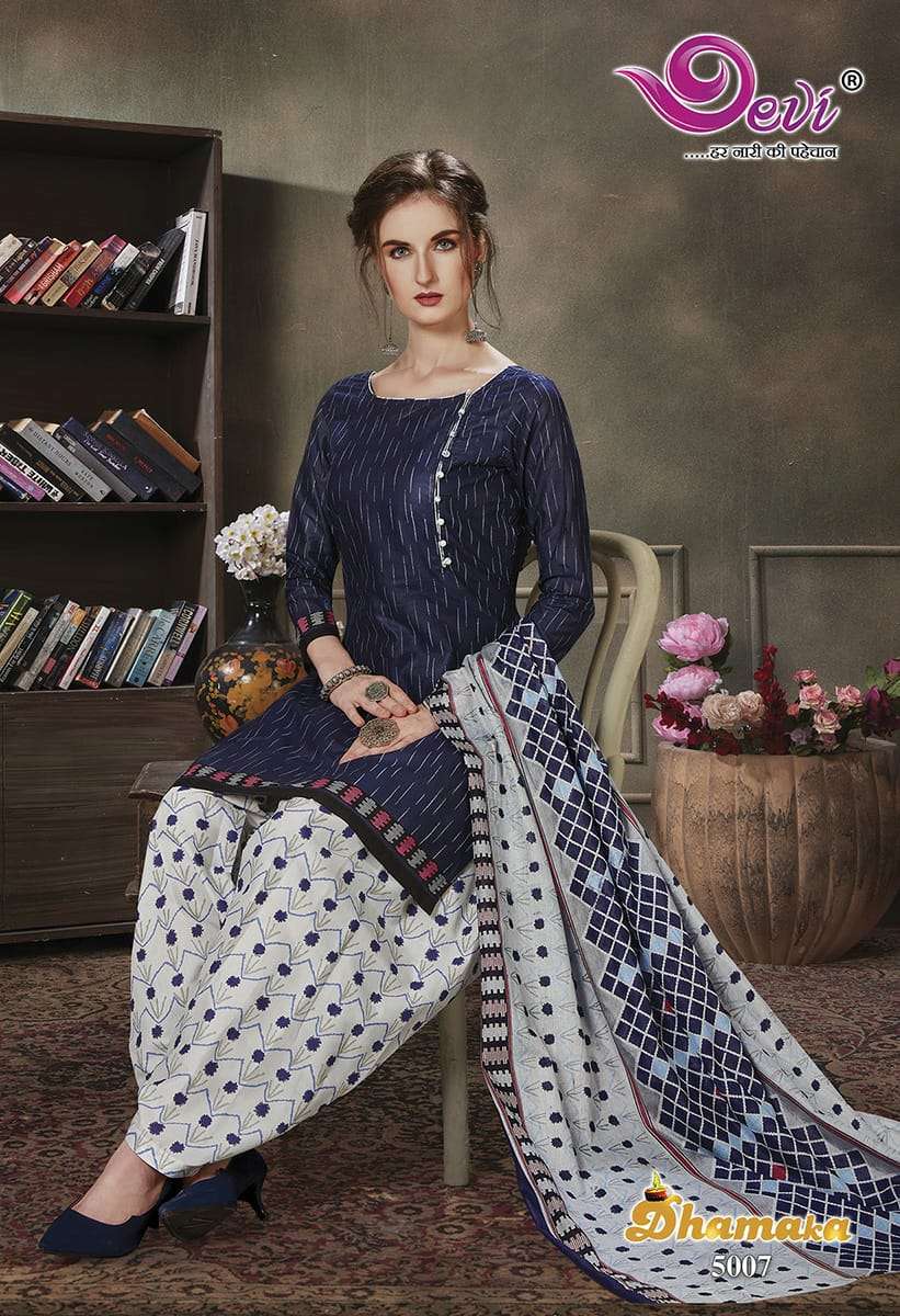 DHAMAKA VOL-5 BY DEVI 5001 TO 5012 SERIES BEAUTIFUL SUITS STYLISH FANCY COLORFUL PARTY WEAR & ETHNIC WEAR PURE COTTON PRINTED DRESSES AT WHOLESALE PRICE