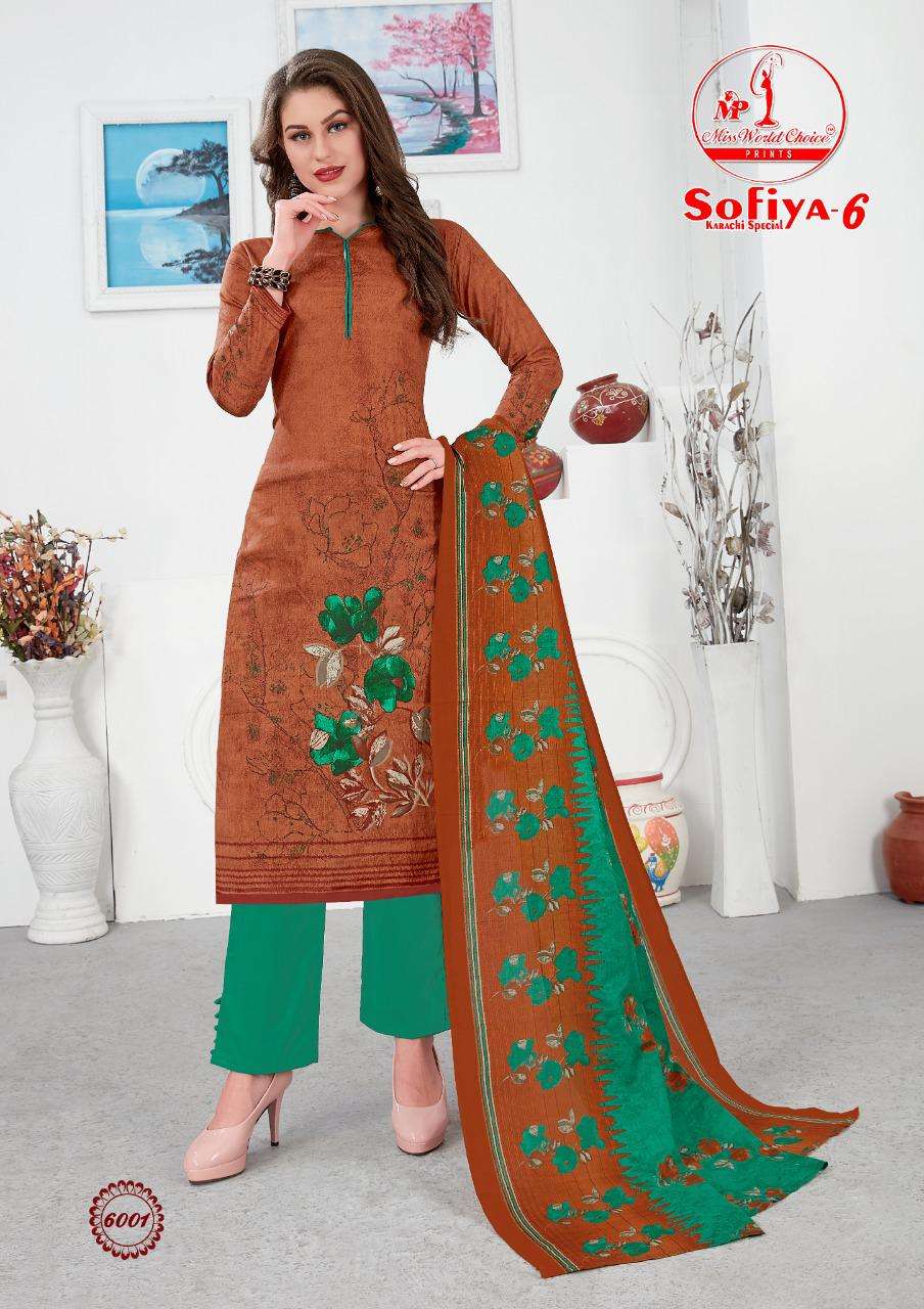 SOFIYA VOL-6 BY MISS WORLD CHOICE 6001 TO 6010 SERIES BEAUTIFUL SUITS STYLISH FANCY COLORFUL PARTY WEAR & ETHNIC WEAR PURE COTTON PRINTED DRESSES AT WHOLESALE PRICE