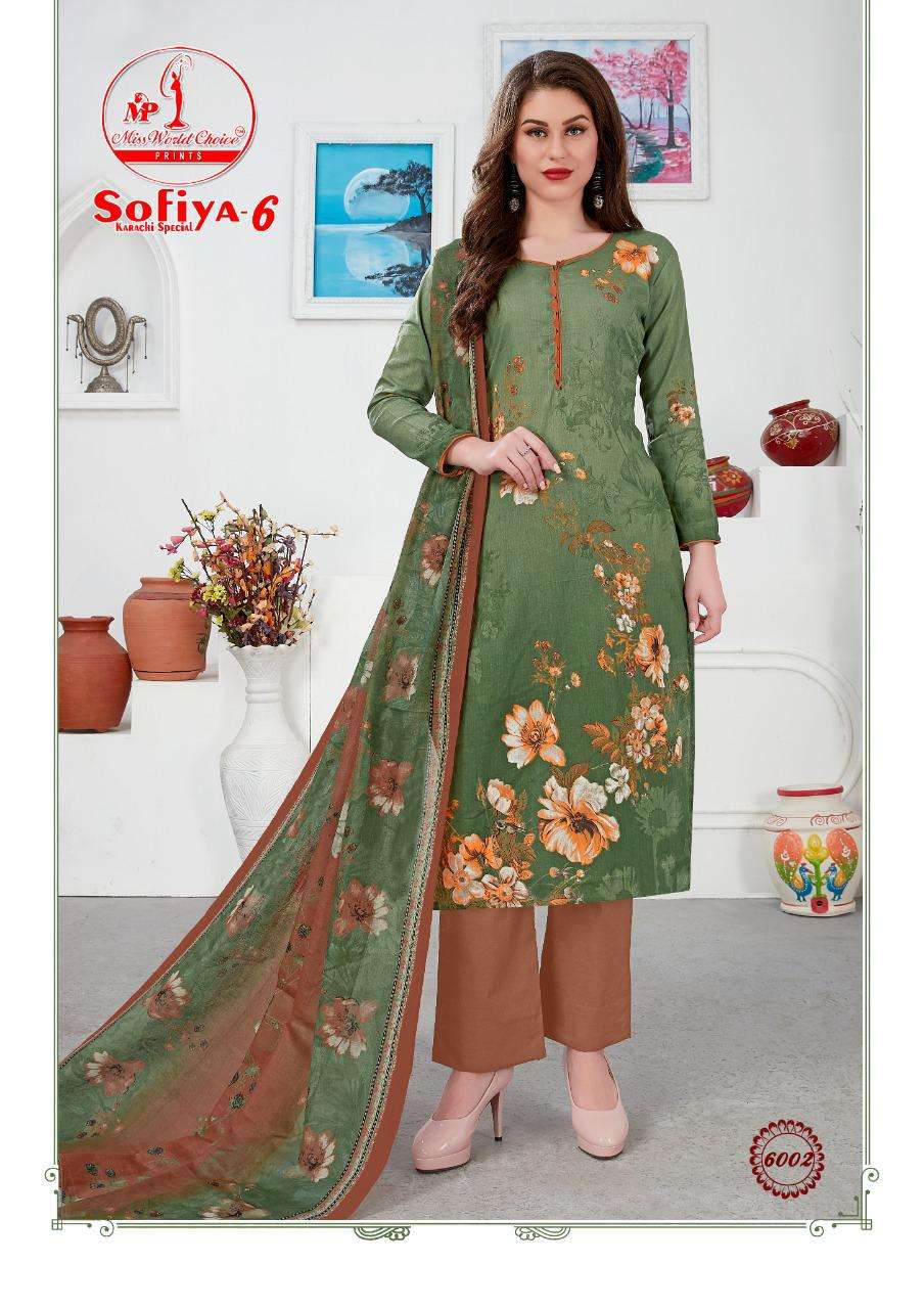 SOFIYA VOL-6 BY MISS WORLD CHOICE 6001 TO 6010 SERIES BEAUTIFUL SUITS STYLISH FANCY COLORFUL PARTY WEAR & ETHNIC WEAR PURE COTTON PRINTED DRESSES AT WHOLESALE PRICE