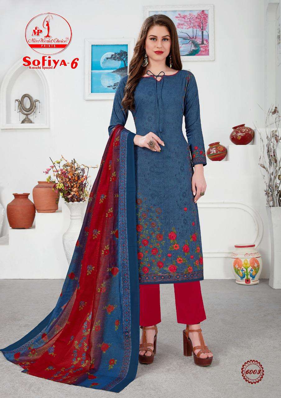 SOFIYA VOL-6 BY MISS WORLD CHOICE 6001 TO 6010 SERIES BEAUTIFUL SUITS STYLISH FANCY COLORFUL PARTY WEAR & ETHNIC WEAR PURE COTTON PRINTED DRESSES AT WHOLESALE PRICE