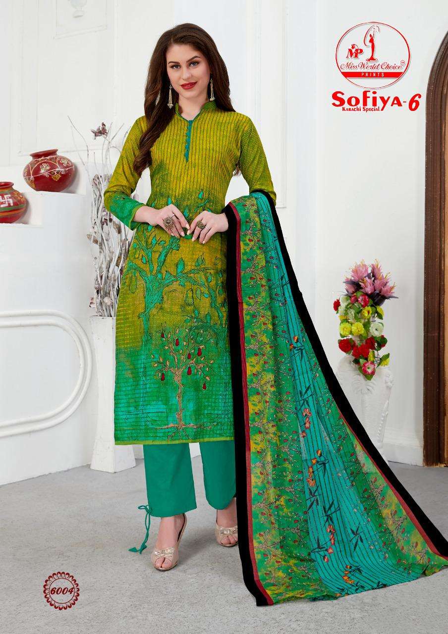 SOFIYA VOL-6 BY MISS WORLD CHOICE 6001 TO 6010 SERIES BEAUTIFUL SUITS STYLISH FANCY COLORFUL PARTY WEAR & ETHNIC WEAR PURE COTTON PRINTED DRESSES AT WHOLESALE PRICE