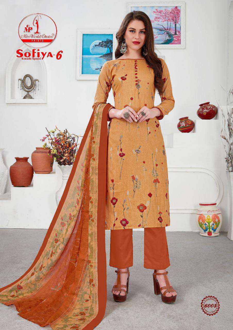 SOFIYA VOL-6 BY MISS WORLD CHOICE 6001 TO 6010 SERIES BEAUTIFUL SUITS STYLISH FANCY COLORFUL PARTY WEAR & ETHNIC WEAR PURE COTTON PRINTED DRESSES AT WHOLESALE PRICE