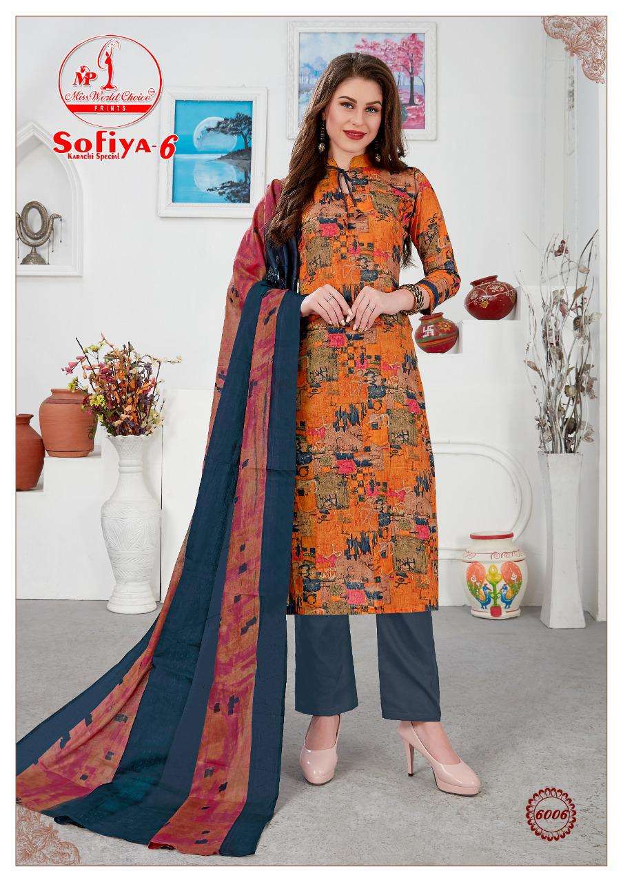 SOFIYA VOL-6 BY MISS WORLD CHOICE 6001 TO 6010 SERIES BEAUTIFUL SUITS STYLISH FANCY COLORFUL PARTY WEAR & ETHNIC WEAR PURE COTTON PRINTED DRESSES AT WHOLESALE PRICE