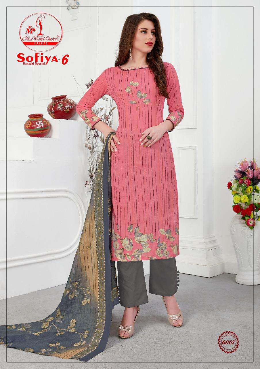 SOFIYA VOL-6 BY MISS WORLD CHOICE 6001 TO 6010 SERIES BEAUTIFUL SUITS STYLISH FANCY COLORFUL PARTY WEAR & ETHNIC WEAR PURE COTTON PRINTED DRESSES AT WHOLESALE PRICE