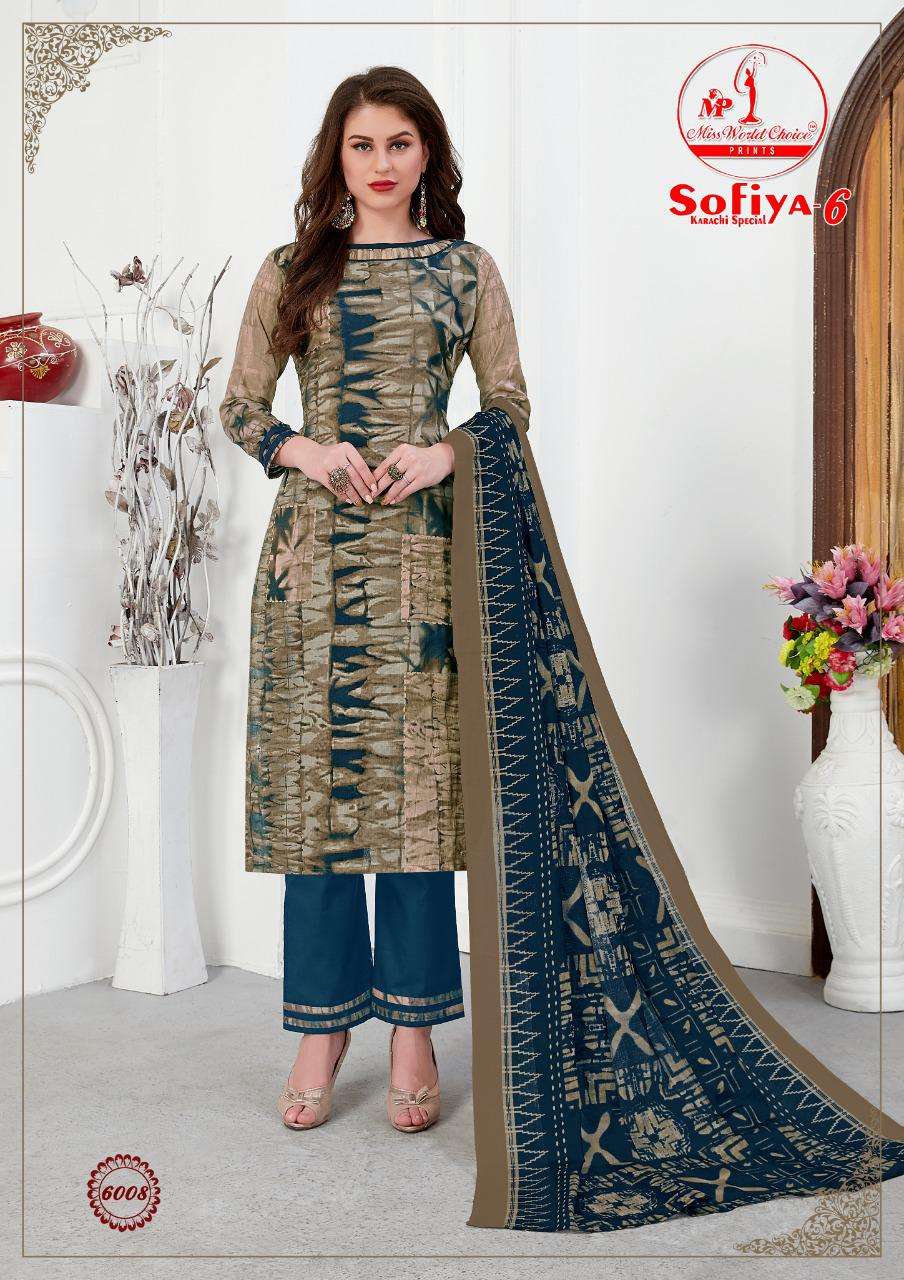 SOFIYA VOL-6 BY MISS WORLD CHOICE 6001 TO 6010 SERIES BEAUTIFUL SUITS STYLISH FANCY COLORFUL PARTY WEAR & ETHNIC WEAR PURE COTTON PRINTED DRESSES AT WHOLESALE PRICE