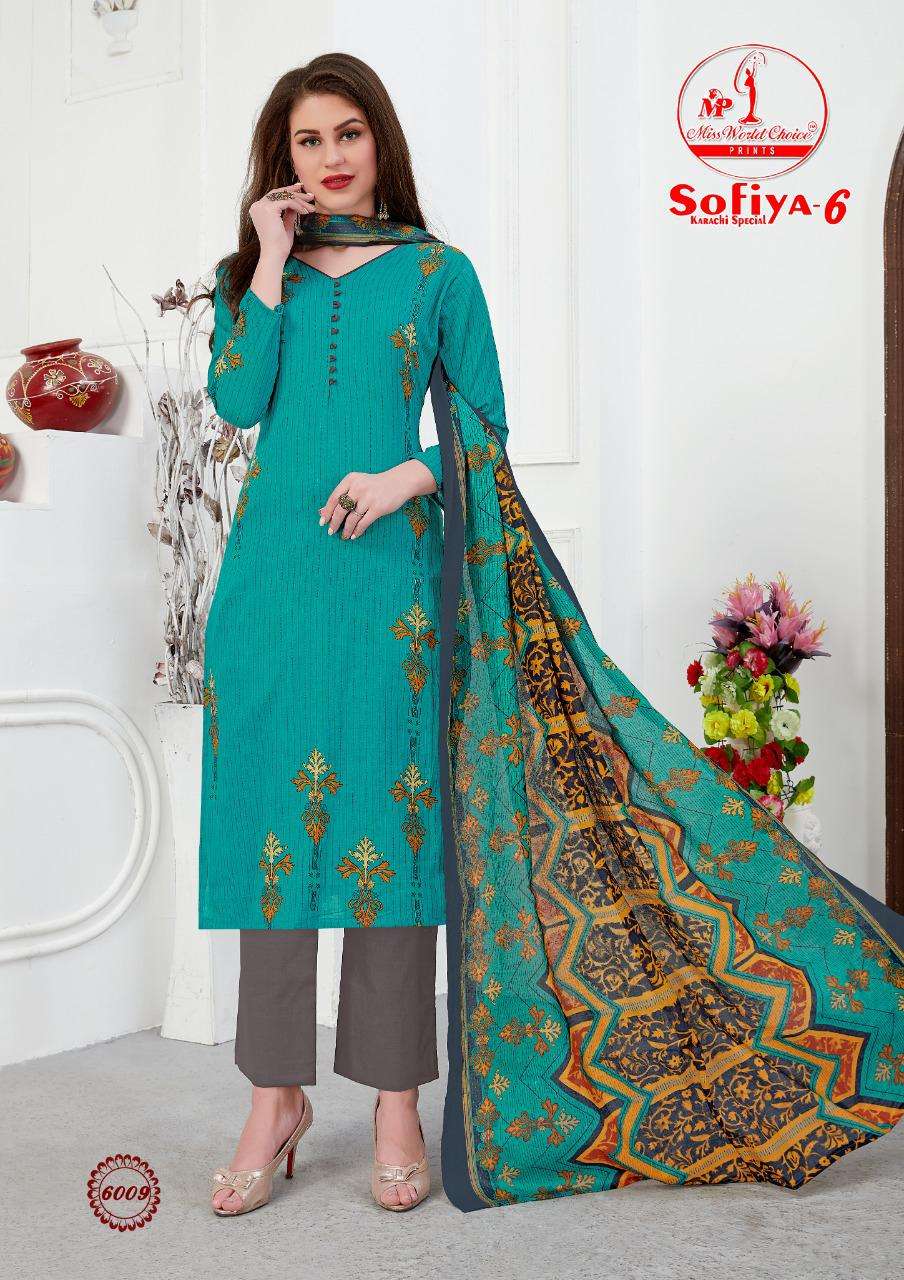 SOFIYA VOL-6 BY MISS WORLD CHOICE 6001 TO 6010 SERIES BEAUTIFUL SUITS STYLISH FANCY COLORFUL PARTY WEAR & ETHNIC WEAR PURE COTTON PRINTED DRESSES AT WHOLESALE PRICE