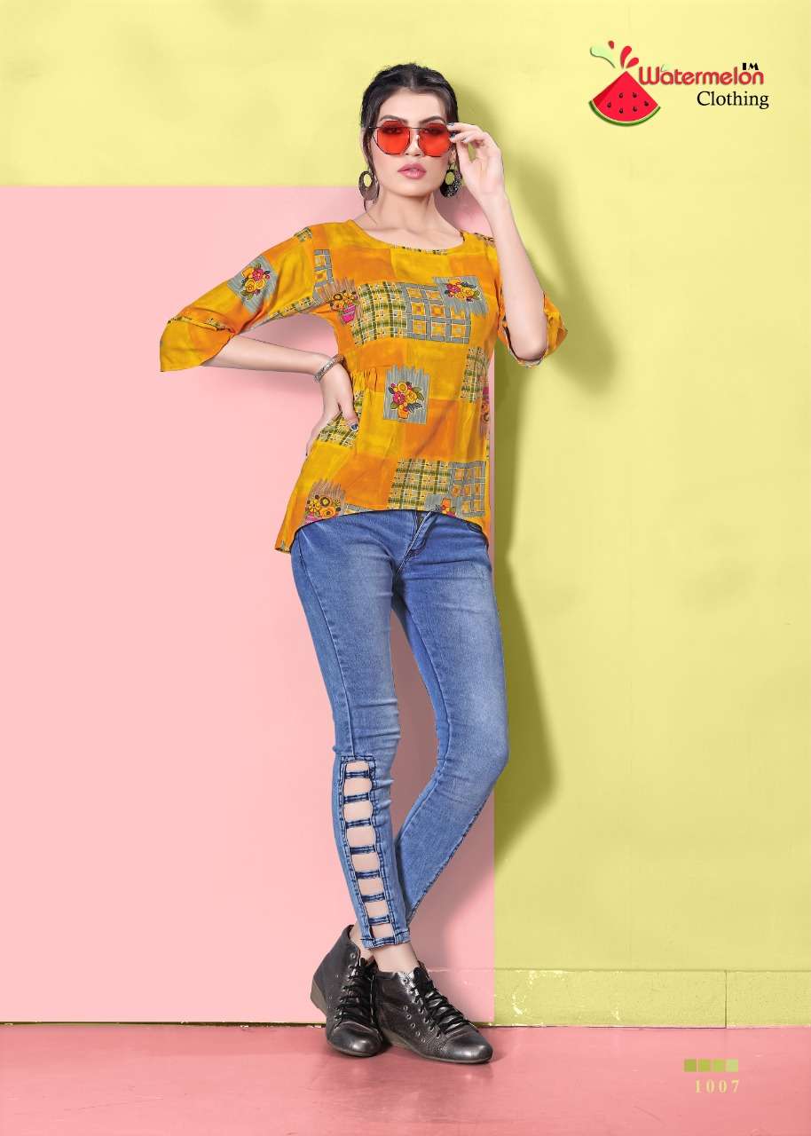 DIAMOND PARTY VOL-2 BY WATERMELON 1001 TO 1010 SERIES BEAUTIFUL STYLISH FANCY COLORFUL CASUAL WEAR & ETHNIC WEAR 14 KG RAYON PRINTED TOPS AT WHOLESALE PRICE