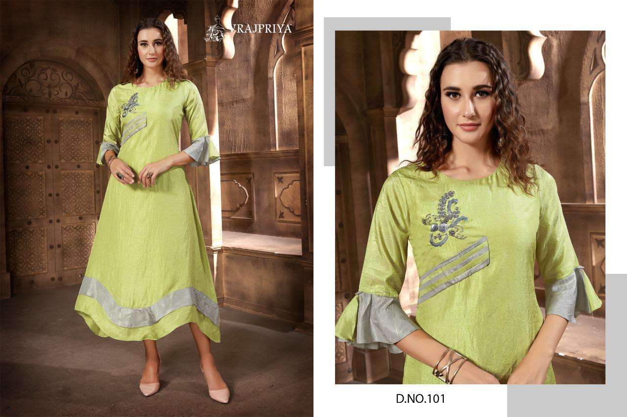 TULSI VOL-1 BY VRAJPRIYA 101 TO 103 SERIES BEAUTIFUL COLORFUL STYLISH FANCY CASUAL WEAR & ETHNIC WEAR & READY TO WEAR DOLA SILK EMBROIDERED KURTIS AT WHOLESALE PRICE