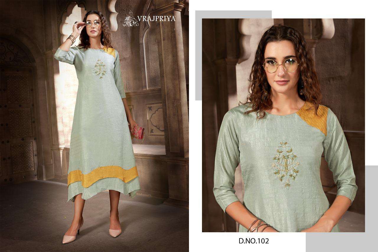 TULSI VOL-1 BY VRAJPRIYA 101 TO 103 SERIES BEAUTIFUL COLORFUL STYLISH FANCY CASUAL WEAR & ETHNIC WEAR & READY TO WEAR DOLA SILK EMBROIDERED KURTIS AT WHOLESALE PRICE