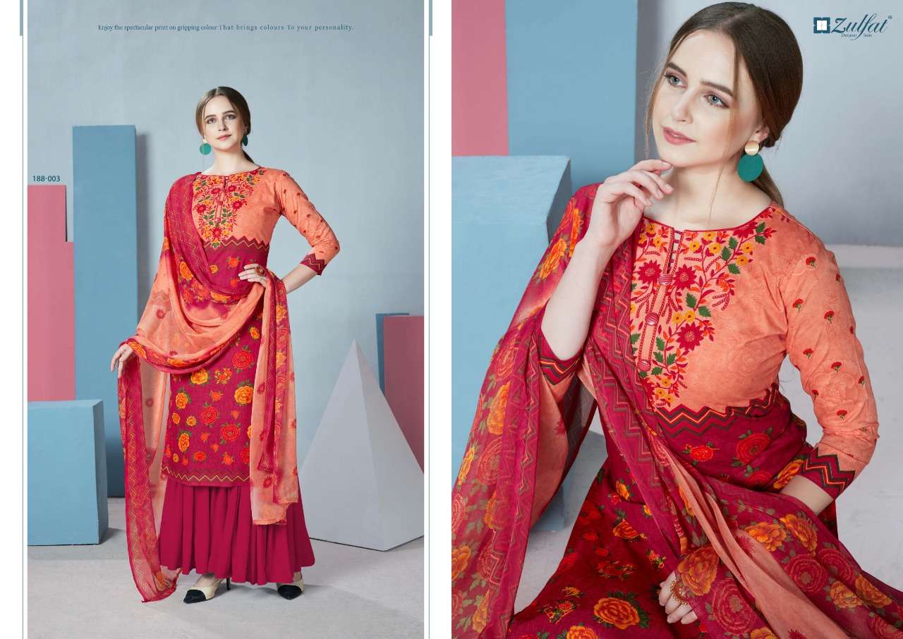 FLORENCE 188 SERIES BY ZULFAT 188-001 TO 188-010 SERIES DESIGNER SHARARA SUITS BEAUTIFUL STYLISH FANCY COLORFUL PARTY WEAR & OCCASIONAL WEAR FPURE COTTON DIGITAL PRINTED  DRESSES AT WHOLESALE PRICE