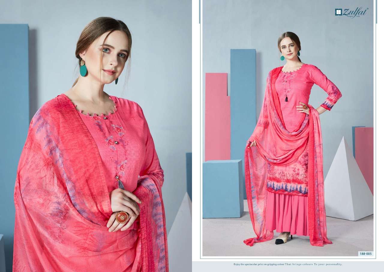 FLORENCE 188 SERIES BY ZULFAT 188-001 TO 188-010 SERIES DESIGNER SHARARA SUITS BEAUTIFUL STYLISH FANCY COLORFUL PARTY WEAR & OCCASIONAL WEAR FPURE COTTON DIGITAL PRINTED  DRESSES AT WHOLESALE PRICE