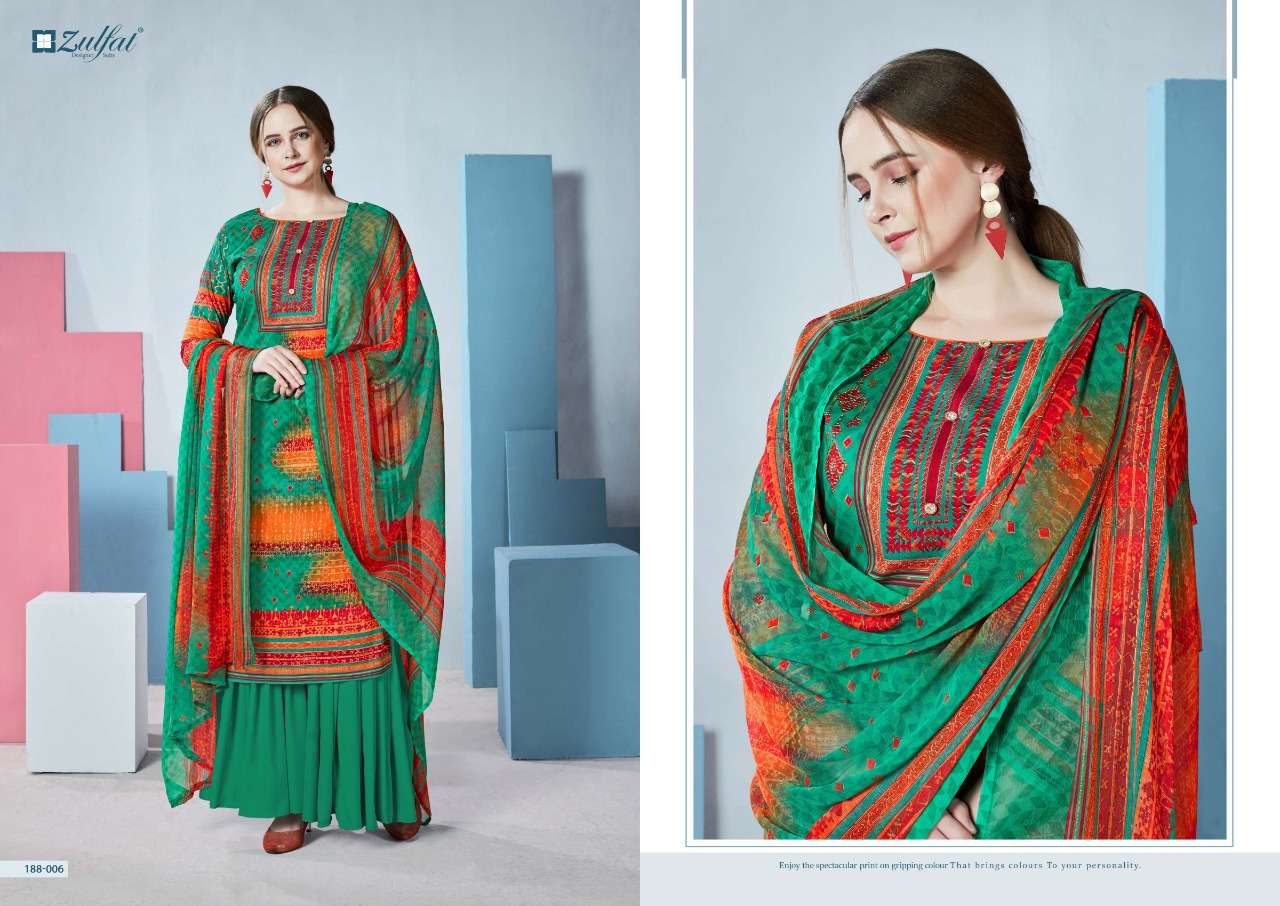 FLORENCE 188 SERIES BY ZULFAT 188-001 TO 188-010 SERIES DESIGNER SHARARA SUITS BEAUTIFUL STYLISH FANCY COLORFUL PARTY WEAR & OCCASIONAL WEAR FPURE COTTON DIGITAL PRINTED  DRESSES AT WHOLESALE PRICE
