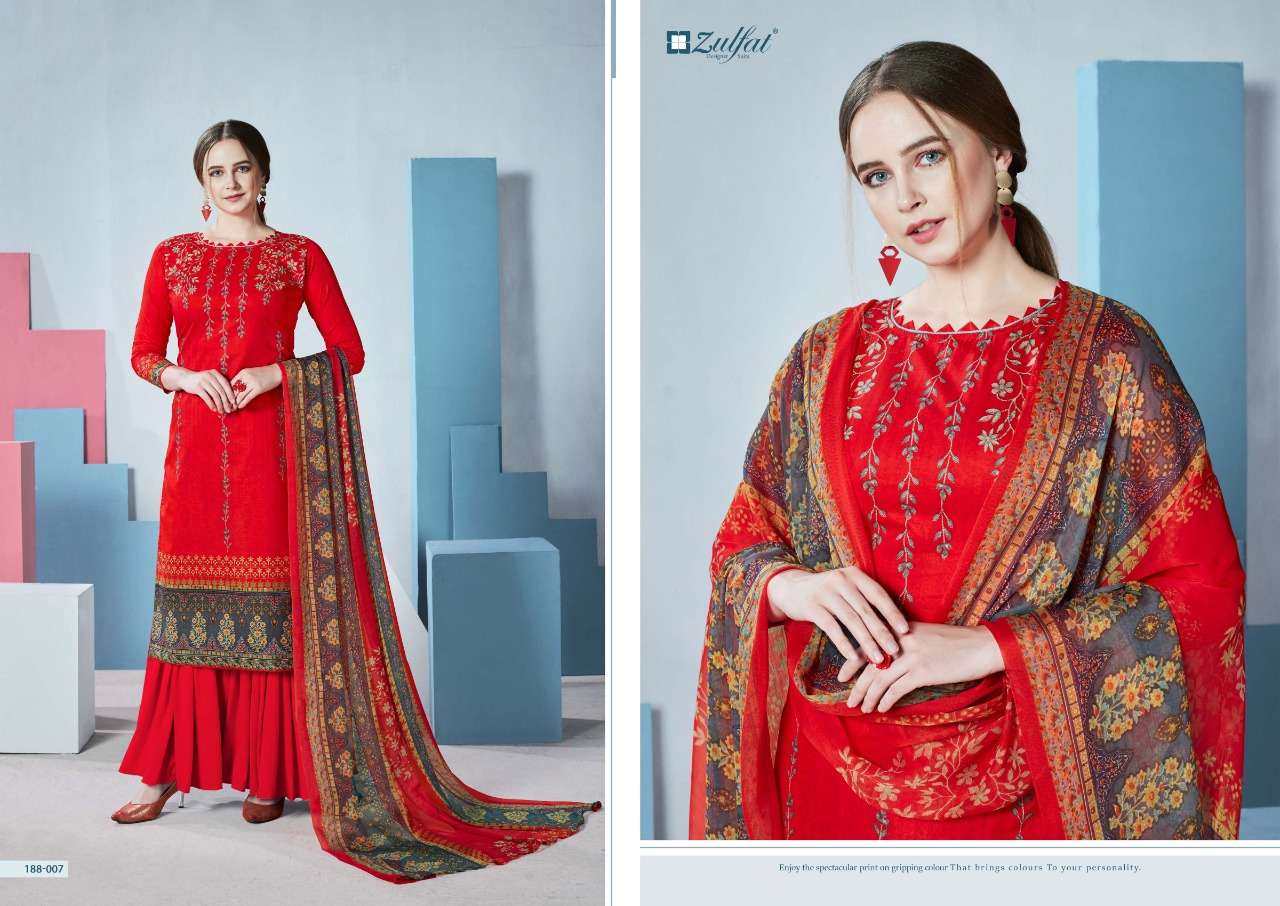 FLORENCE 188 SERIES BY ZULFAT 188-001 TO 188-010 SERIES DESIGNER SHARARA SUITS BEAUTIFUL STYLISH FANCY COLORFUL PARTY WEAR & OCCASIONAL WEAR FPURE COTTON DIGITAL PRINTED  DRESSES AT WHOLESALE PRICE