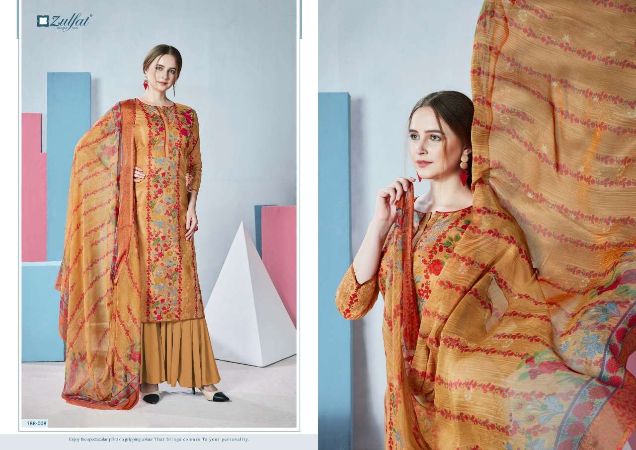 FLORENCE 188 SERIES BY ZULFAT 188-001 TO 188-010 SERIES DESIGNER SHARARA SUITS BEAUTIFUL STYLISH FANCY COLORFUL PARTY WEAR & OCCASIONAL WEAR FPURE COTTON DIGITAL PRINTED  DRESSES AT WHOLESALE PRICE