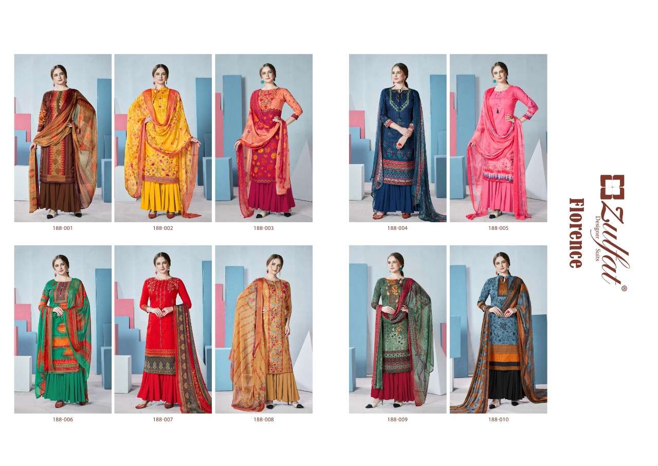 FLORENCE 188 SERIES BY ZULFAT 188-001 TO 188-010 SERIES DESIGNER SHARARA SUITS BEAUTIFUL STYLISH FANCY COLORFUL PARTY WEAR & OCCASIONAL WEAR FPURE COTTON DIGITAL PRINTED  DRESSES AT WHOLESALE PRICE