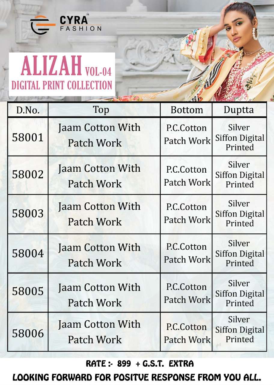 ALIZAH VOL-4 BY CYRA FASHION 58001 TO 58006 SERIES DESIGNER PAKISTANI SUITS BEAUTIFUL STYLISH FANCY COLORFUL PARTY WEAR & OCCASIONAL WEAR JAM COTTON WITH PATCH WORK DRESSES AT WHOLESALE PRICE