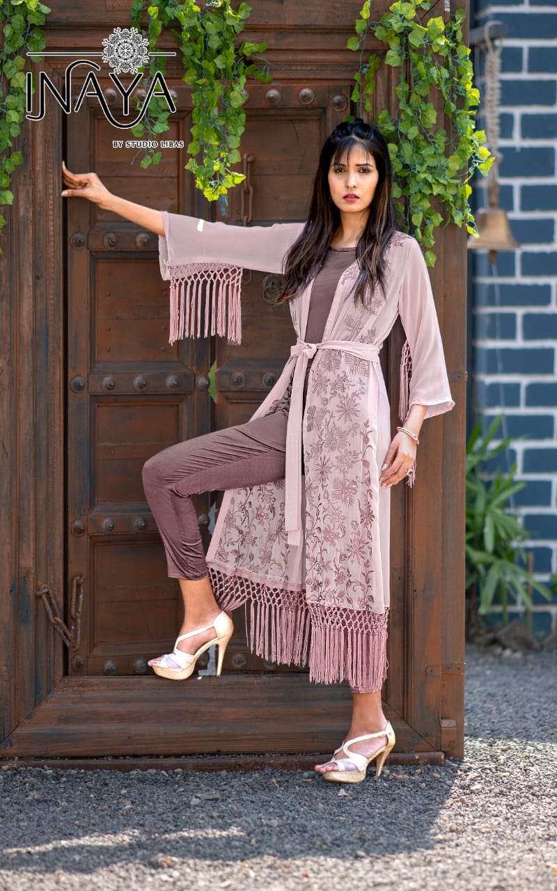 LUXURY PRET COLLECTION VOL-51 BY INAYA 5101 TO 5103 SERIES BEAUTIFUL DESIGNER COLORFUL STYLISH FANCY CASUAL WEAR & ETHNIC WEAR & READY TO WEAR PURE GEORGETTE KURTIS WITH PALAZZO & JACKETS AT WHOLESALE PRICE
