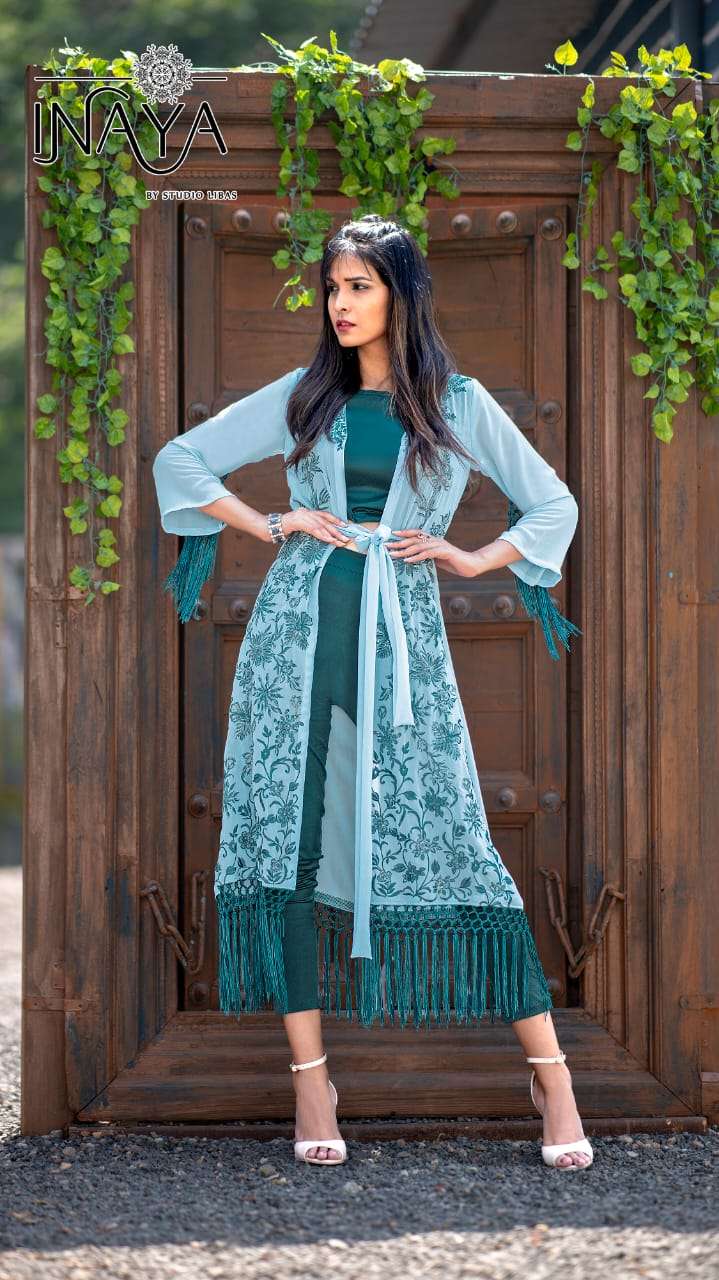LUXURY PRET COLLECTION VOL-51 BY INAYA 5101 TO 5103 SERIES BEAUTIFUL DESIGNER COLORFUL STYLISH FANCY CASUAL WEAR & ETHNIC WEAR & READY TO WEAR PURE GEORGETTE KURTIS WITH PALAZZO & JACKETS AT WHOLESALE PRICE