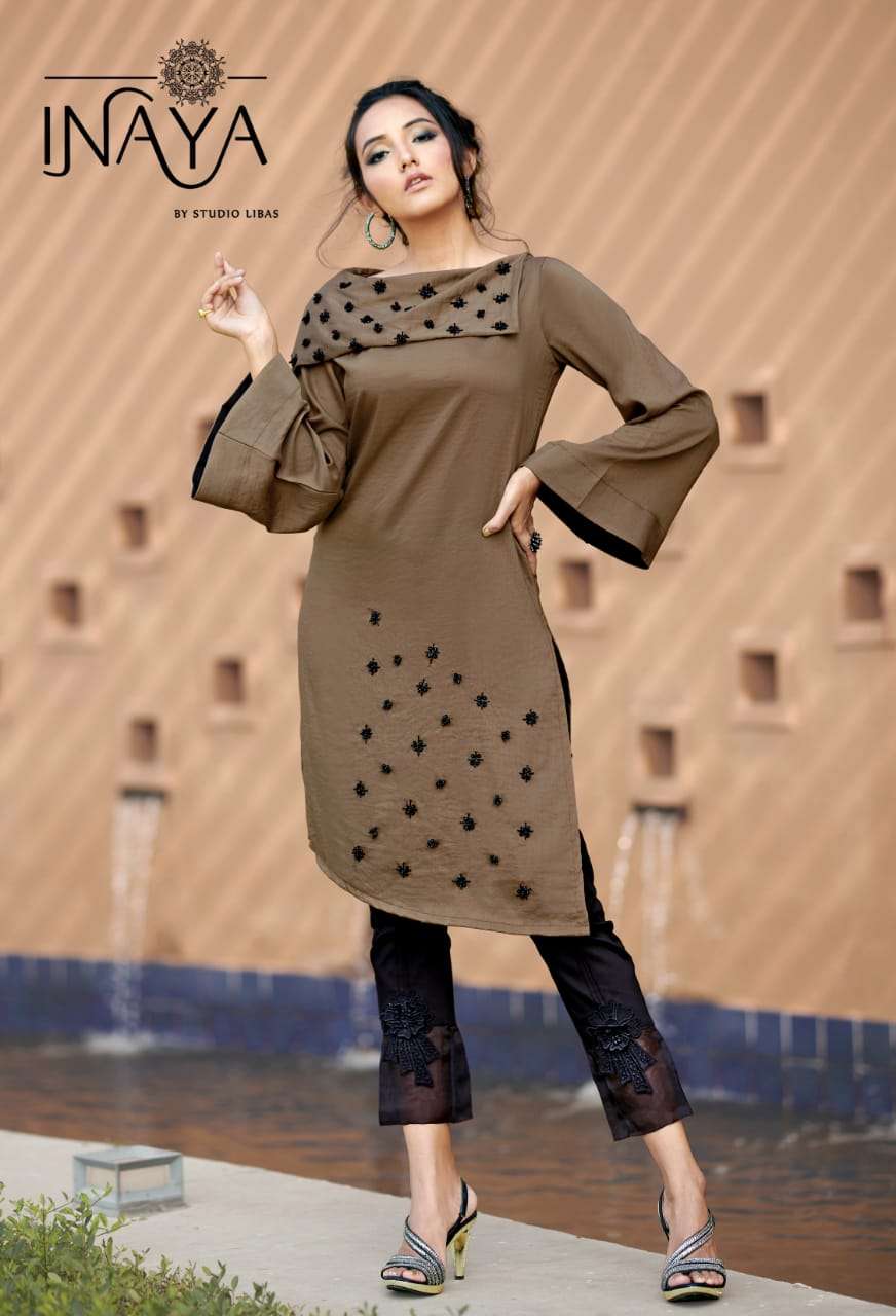 LUXURY PRET COLLECTION VOL-57 BY INAYA 5701 TO 5703 SERIES BEAUTIFUL DESIGNER COLORFUL STYLISH FANCY CASUAL WEAR & ETHNIC WEAR & READY TO WEAR PURE CHINNON SILK KURTIS & PALAZZOS AT WHOLESALE PRICE