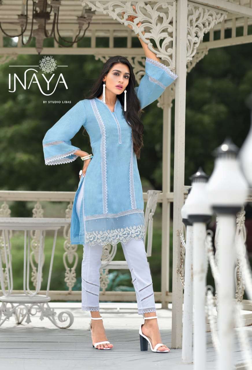 LUXURY PRET COLLECTION VOL-60 BY INAYA 6001 TO 6003 SERIES BEAUTIFUL DESIGNER COLORFUL STYLISH FANCY CASUAL WEAR & ETHNIC WEAR & READY TO WEAR PURE LINEN KURTIS & PALAZZOS AT WHOLESALE PRICE