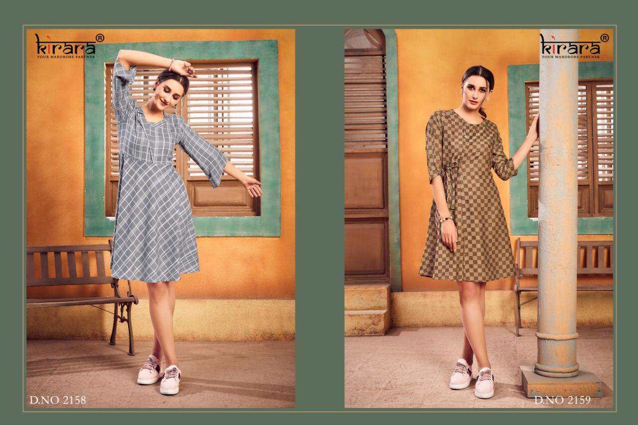 FASHIONISTA VOL-2 BY KIRARA 2156 TO 2163 SERIES BEAUTIFUL STYLISH FANCY COLORFUL CASUAL WEAR & ETHNIC WEAR & READY TO WEAR RAYON PRINTED KURTIS AT WHOLESALE PRICE