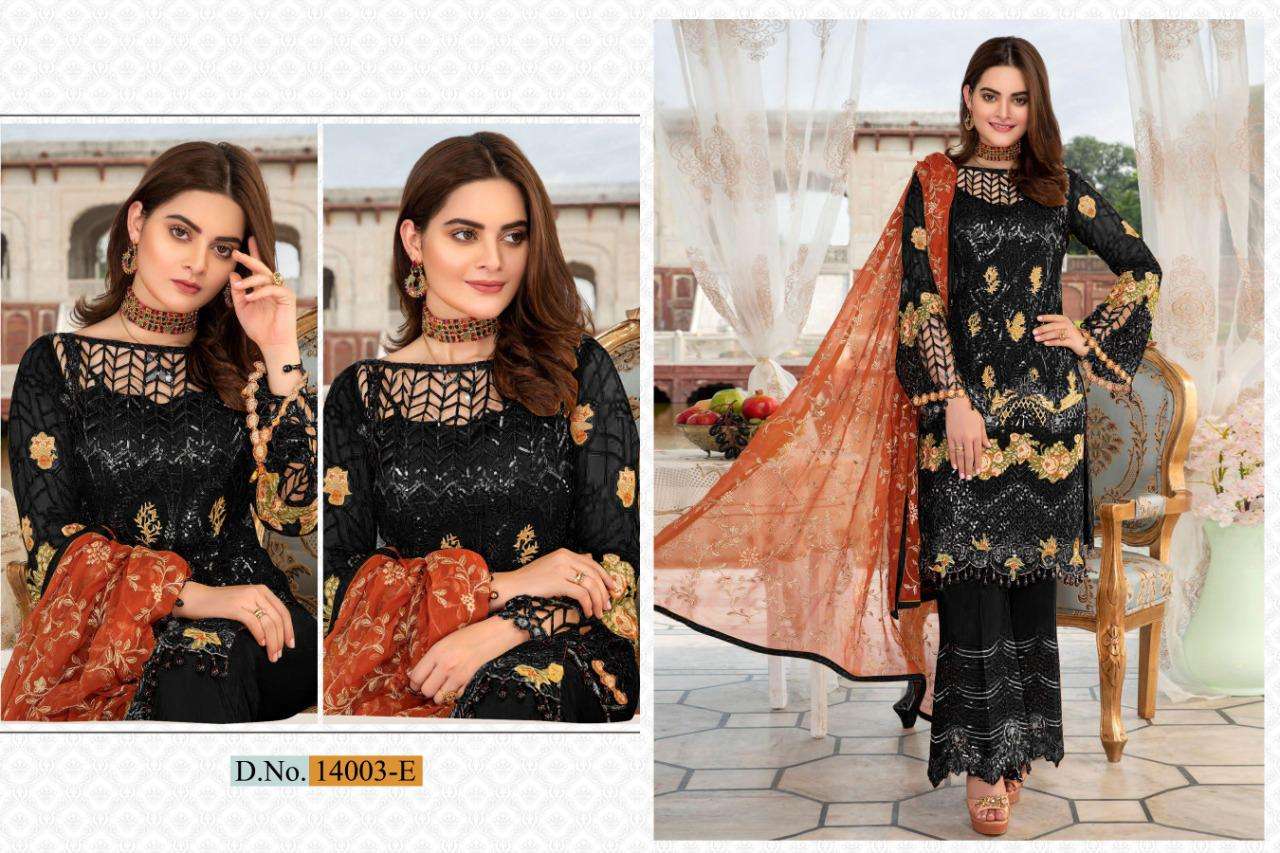 SHAKINA COLOR EDITION SUPER HIT DESIGN HX BY CYRA FASHION 14004-A TO 14004-C SERIES DESIGNER PAKISTANI SUITS BEAUTIFUL FANCY STYLISH COLORFUL PARTY WEAR & OCCASIONAL WEAR HEAVY NET WITH EMBROIDERY AND HAND WORK DRESSES AT WHOLESALE PRICE