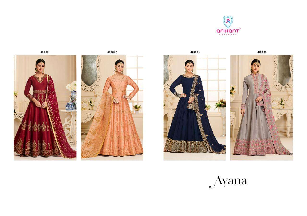 Ayana By Arihant Designer 40001 To 40004 Series Designer Anarkali Suits Wedding Collection Beautiful Fancy Colorful Party Wear & Occasional Wear Mulberry Silk With Fusing / Apple Georgette  Embroidery Dresses At Wholesale Price