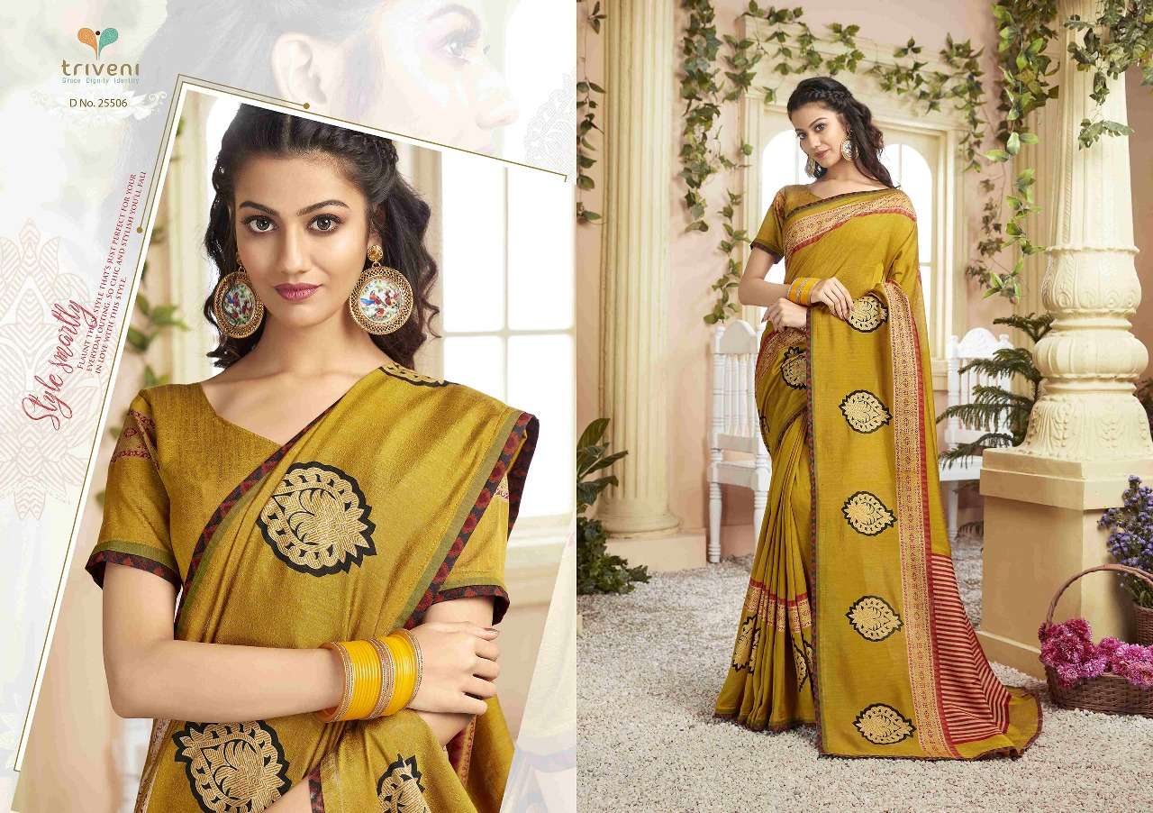 MITRA VINDA BY TRIVENI 25501 TO 25508 SERIES INDIAN TRADITIONAL WEAR COLLECTION BEAUTIFUL STYLISH FANCY COLORFUL PARTY WEAR & OCCASIONAL WEAR VICHITRA SILK PRINTED SAREES AT WHOLESALE PRICE