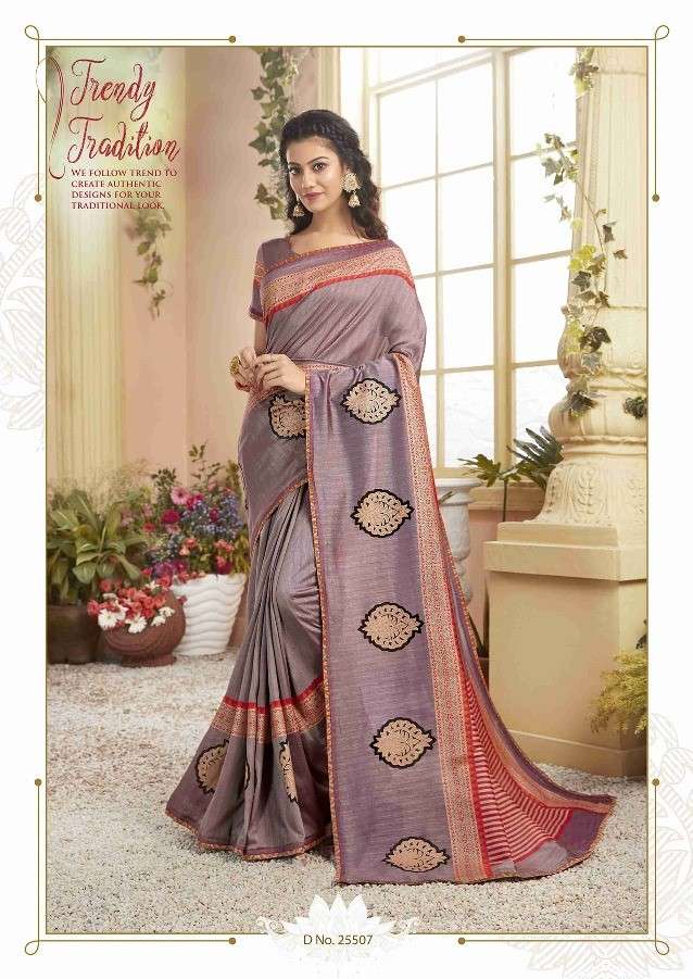 MITRA VINDA BY TRIVENI 25501 TO 25508 SERIES INDIAN TRADITIONAL WEAR COLLECTION BEAUTIFUL STYLISH FANCY COLORFUL PARTY WEAR & OCCASIONAL WEAR VICHITRA SILK PRINTED SAREES AT WHOLESALE PRICE