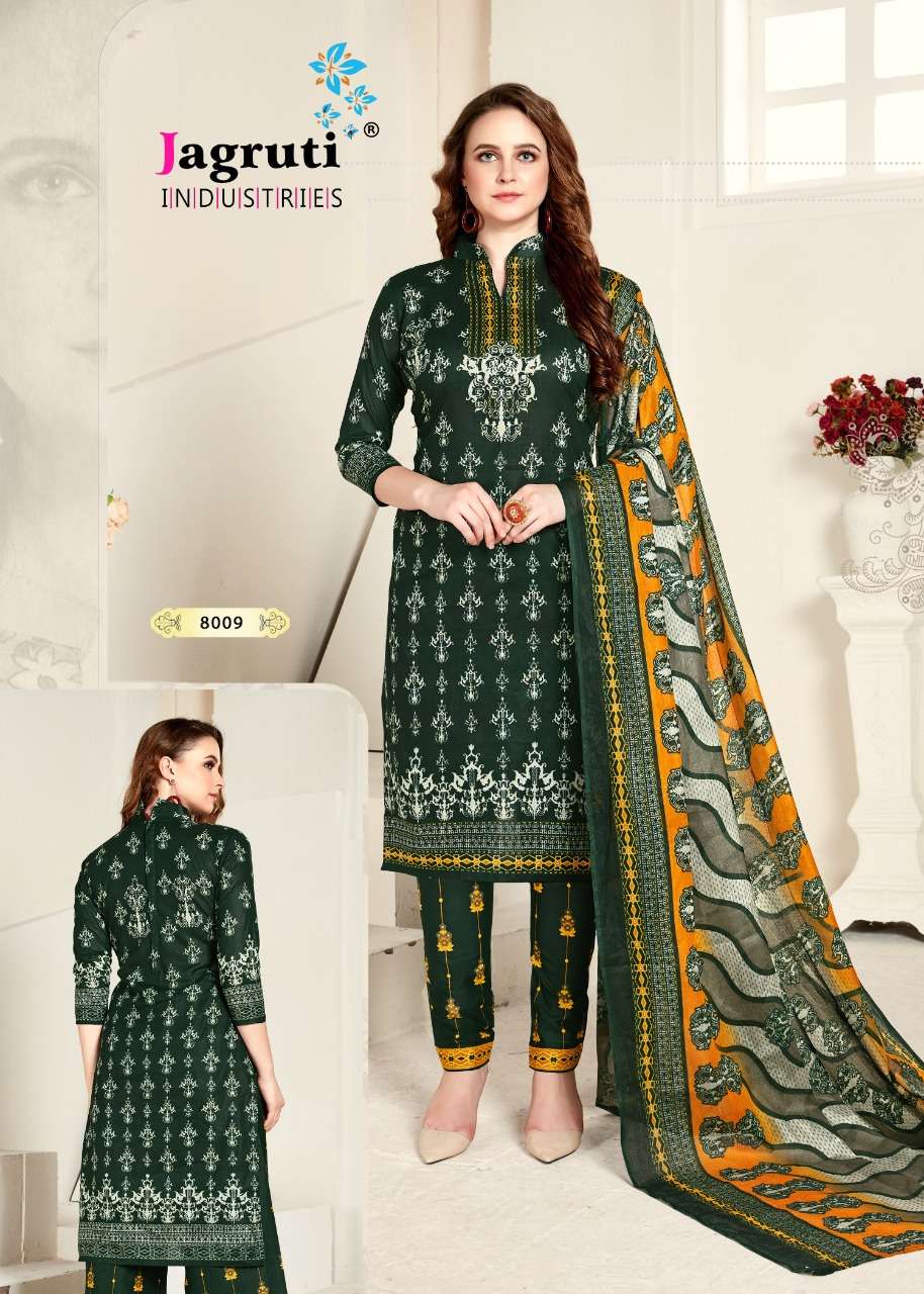 NARGISH VOL-8 BY JAGRUTI 8001 TO 8010 SERIES BEAUTIFUL SUITS STYLISH FANCY COLORFUL PARTY WEAR & OCCASIONAL WEAR COTTON PRINTED DRESSES AT WHOLESALE PRICE