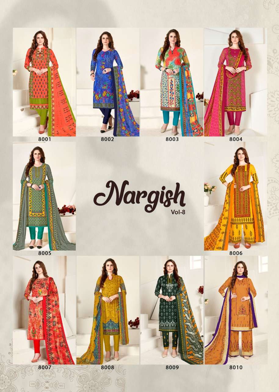 NARGISH VOL-8 BY JAGRUTI 8001 TO 8010 SERIES BEAUTIFUL SUITS STYLISH FANCY COLORFUL PARTY WEAR & OCCASIONAL WEAR COTTON PRINTED DRESSES AT WHOLESALE PRICE