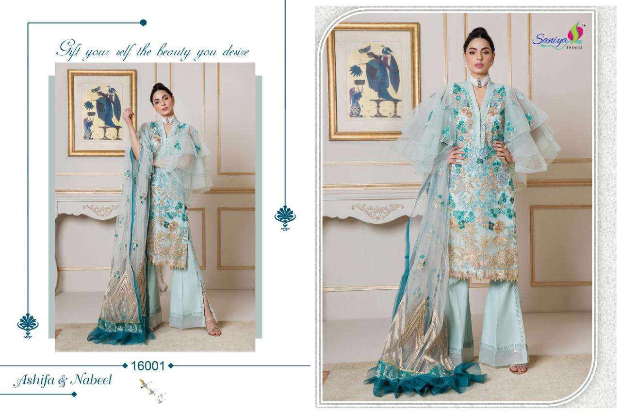 ASHIFA AND NABEEL BY SANIYA TRENDZ 16001 TO 16004 SERIES BEAUTIFUL SUITS STYLISH FANCY COLORFUL CASUAL WEAR & ETHNIC WEAR BUTTERFLY NET WITH EMBROIDERY DRESSES AT WHOLESALE PRICE