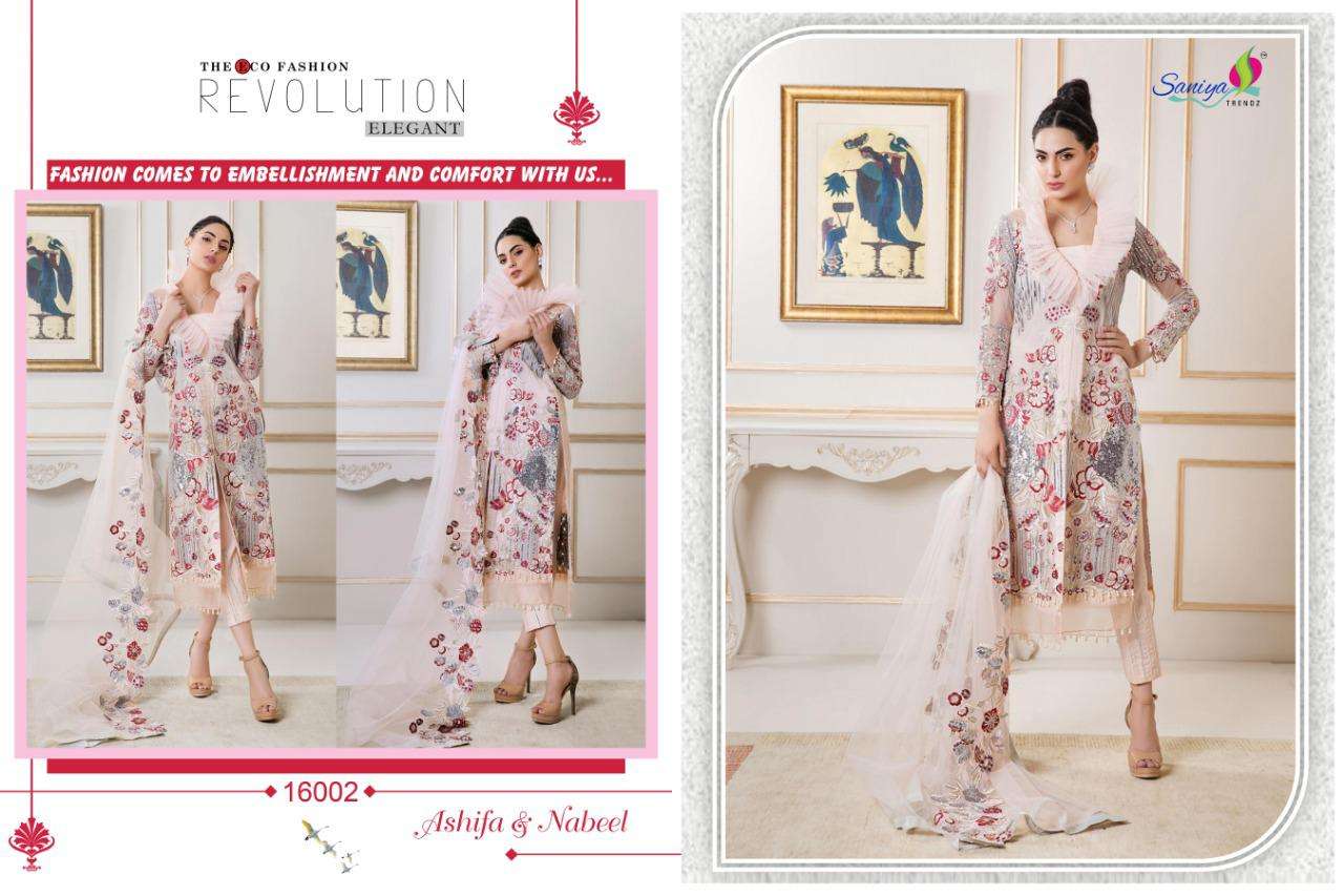 ASHIFA AND NABEEL BY SANIYA TRENDZ 16001 TO 16004 SERIES BEAUTIFUL SUITS STYLISH FANCY COLORFUL CASUAL WEAR & ETHNIC WEAR BUTTERFLY NET WITH EMBROIDERY DRESSES AT WHOLESALE PRICE
